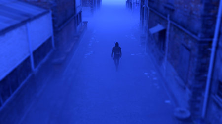 Mysterious man in a hoodie walks in a misty abandoned urban alley at dusk. High angle view. 3D...