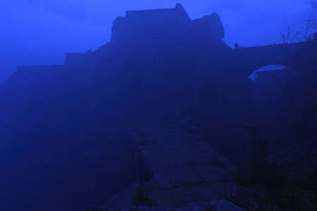 Bridge to ancient castle in mist at twilight. 3D render.の写真素材