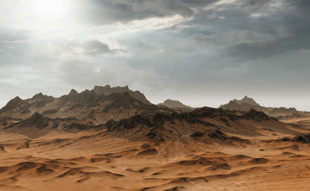Landscape with rock formations and sand under a cloudy sky. 3D render.の写真素材