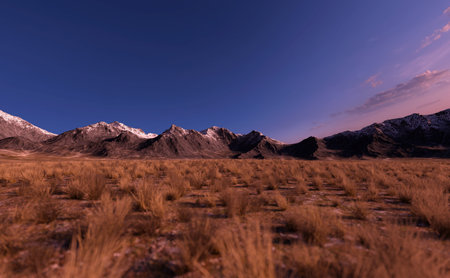 Prairie with vast grass plain and mountains on the horizon at sunset. 3D render.