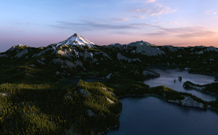 Lake surrounded by mountains with snow and fir trees at sunrise. aerial view. 3D render.の写真素材