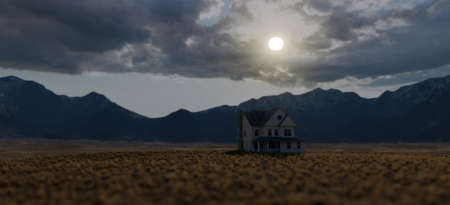 Victorian house on a vast plain with barren grass in a sunny valley under a cloudy sky. 3D render.の写真素材