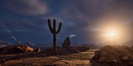 Cactus in a rocky desert landscape at sunset. 3D render.の写真素材