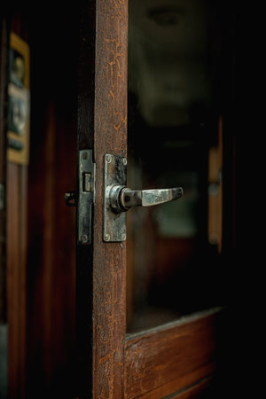 Open door in an interior of a vintage train compartment.の写真素材