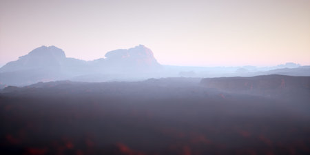 Arid rocky desolate landscape in mist. 3D render.