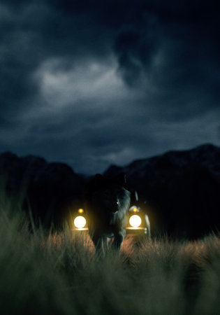 Car and wolf on prairie with mountains under a dark cloudy sky at twilight. 3D render.の写真素材