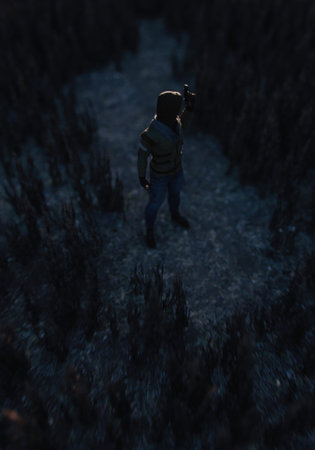 Man in hoodie holding a pistol stands in a rural field at twilight. High angle view. 3D render.の写真素材