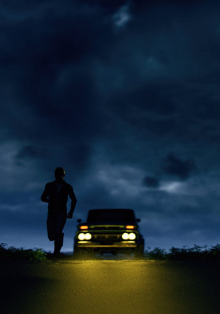 Man runs away from a vintage pickup truck with illuminated headlights on a country road under a dark...