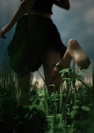 Woman in black skirt and shirt runs barefeet through a field with tall grass under a dark cloudy sky. 3D render.の写真素材