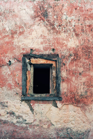 Pink weathered plaster wall with neglected small window.の写真素材
