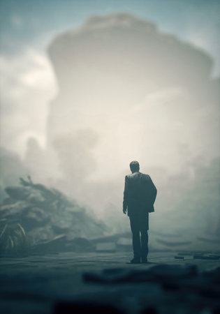 Man in suit stands at an ancient misty ruin with rocks. 3D render.の写真素材
