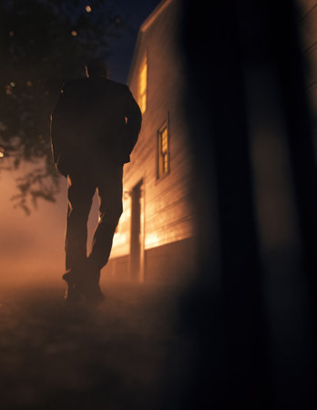 Lone man in suit walks towards house during misty sunset. Rear view. 3D render.の写真素材