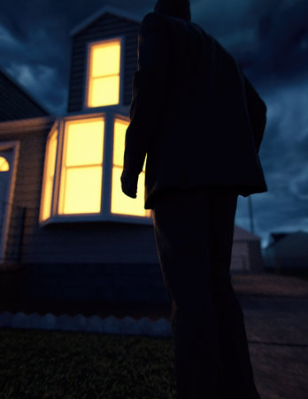 Lone man in suit by an illuminated house at dusk. Rear view. 3D render.