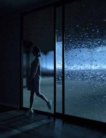 Blonde woman in sweater dress walks from terrace into house through open sliding glass door with...