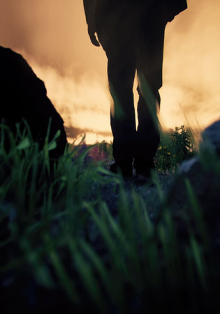 Man in black suit walks between tall grass in a rocky landscape during sunset. Rear view. 3D render.