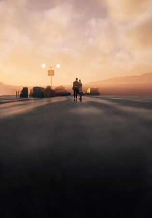 Man and woman with bags walk embraced on a wet road with a street lamp at sunset. Rear view. 3D render.の写真素材