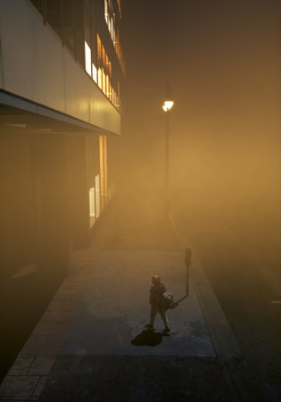 Lone little boy with backpack walks on sidewalk in misty city at dusk. High-angle view. 3D rendering.の写真素材