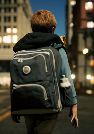 Lone little boy with backpack walks on street in city at night. rearview. 3D rendering.の写真素材