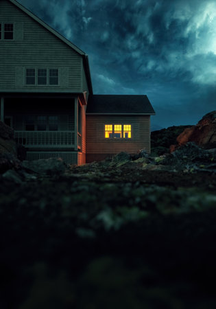 Wooden house with illuminated window in arid rocky landscape under a dark cloudy sky. 3D render.の写真素材