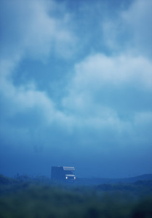 Motor home with lit headlights in foggy bumpy pasture under a cloudy sky. 3D render.