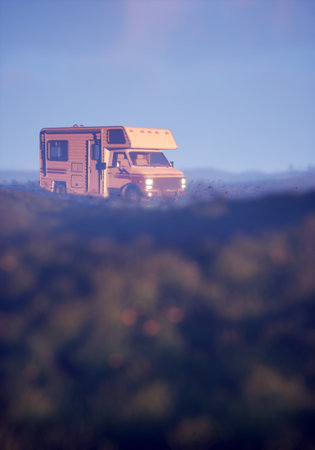 Camper with lit headlights in foggy countryside. 3D render.
