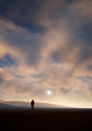 Silhouette of man in arid dune landscape under a cloudy sky. 3D render.