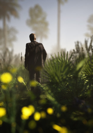 Man in hazy tropical wilderness with palm trees under a blue sky. 3D render.