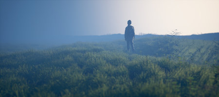 Boy in foggy pasture in countryside during twilight. 3D rendering.の写真素材