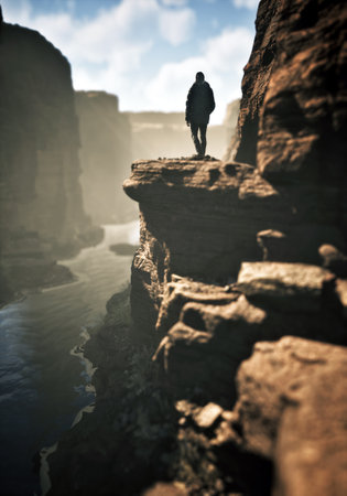 Man walks on edge of a canyon. 3D rendering.の写真素材