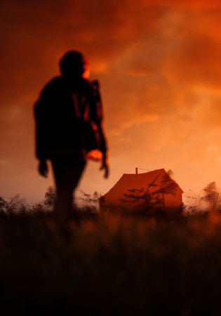 Boy with backpack in field near wooden house under a cloudy sky at sunset. 3D render.