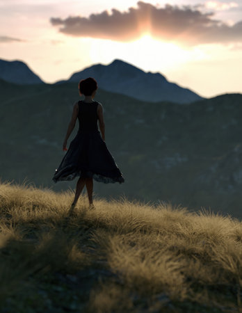 Woman with long hair in dress stands in field in highlands during sunset. 3D render.の写真素材
