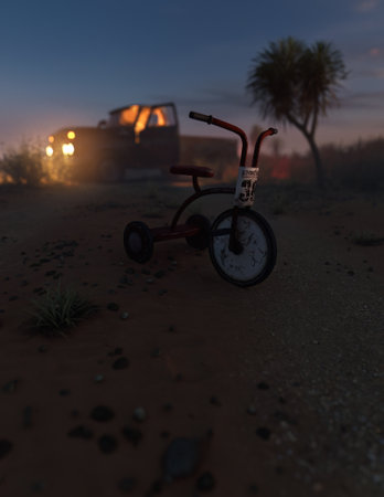 Tricycle and pickup truck with illuminated headlights on dirt road in arid landscape in twilight. 3D rendering.の写真素材