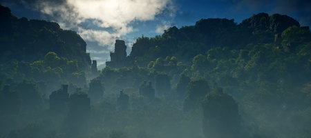 Misty jungle with rock pillars under cloudy sky.