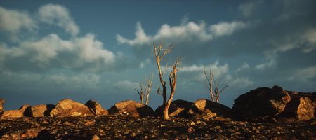 Arid landscape with rocks and dead trees under a cloudy sky.