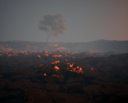 Solitary tree on sandstone cliff in the mist at sunrise.の写真素材