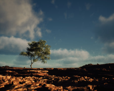 Solitary tree on sandstone cliff under sky with some clouds.の写真素材