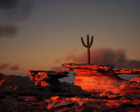 Cactus on sandstone rock formation at sunset under sky with clouds.の写真素材