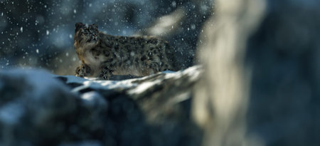 Snow leopard in snowy rocky mountains during blizzard.