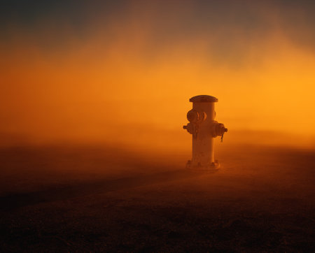 Fire hydrant supply on cracked tarmac street in fog at sunset.の写真素材