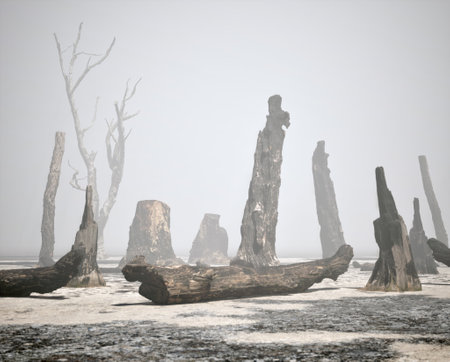 Burnt tree trunks in misty forest.の写真素材