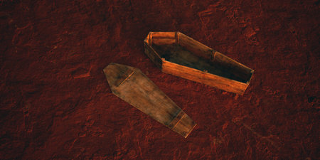 Opened old wooden coffin on rocky terrain in desolate desert.