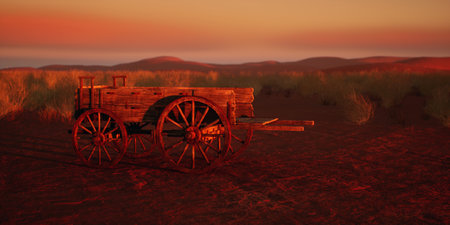 Ancient wooden cart in desolate desert at sunset.の写真素材