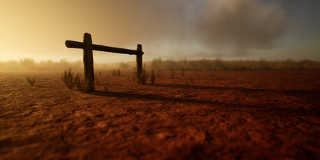 Old wooden horse hitch post in desolate desert at sunset with cloudy sky.の写真素材