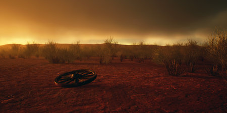 Wooden wheel in desolate desert with cloudy sky.
