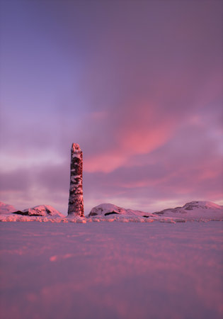 Broken trunk of pine in hilly snow winter landscape at sunset.の写真素材