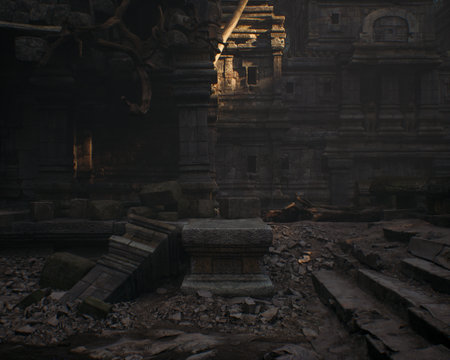 Ruins of an ancient temple lit by dappled sunlight in forest. 3D rendering.の写真素材