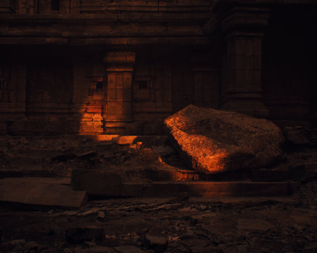 Ruins of an ancient temple lit by dappled sunlight in forest. 3D rendering.の写真素材