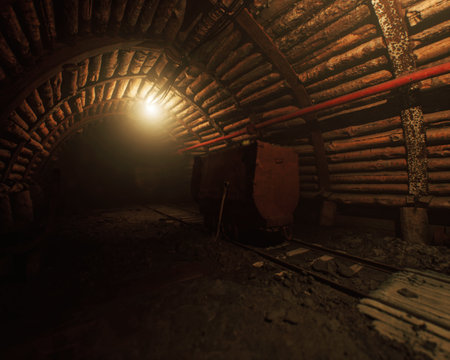 Old mine with iron cart on a railway. Dark, foggy and mysterious atmosphere.の写真素材