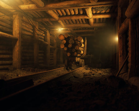 Old mine with iron cart loaded with pile of tree trunks on a railway. Dark, foggy and mysterious atmosphere. 3D rendering.の写真素材
