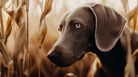 Weimaraner dog in corn field in autumn during golden hour.の素材